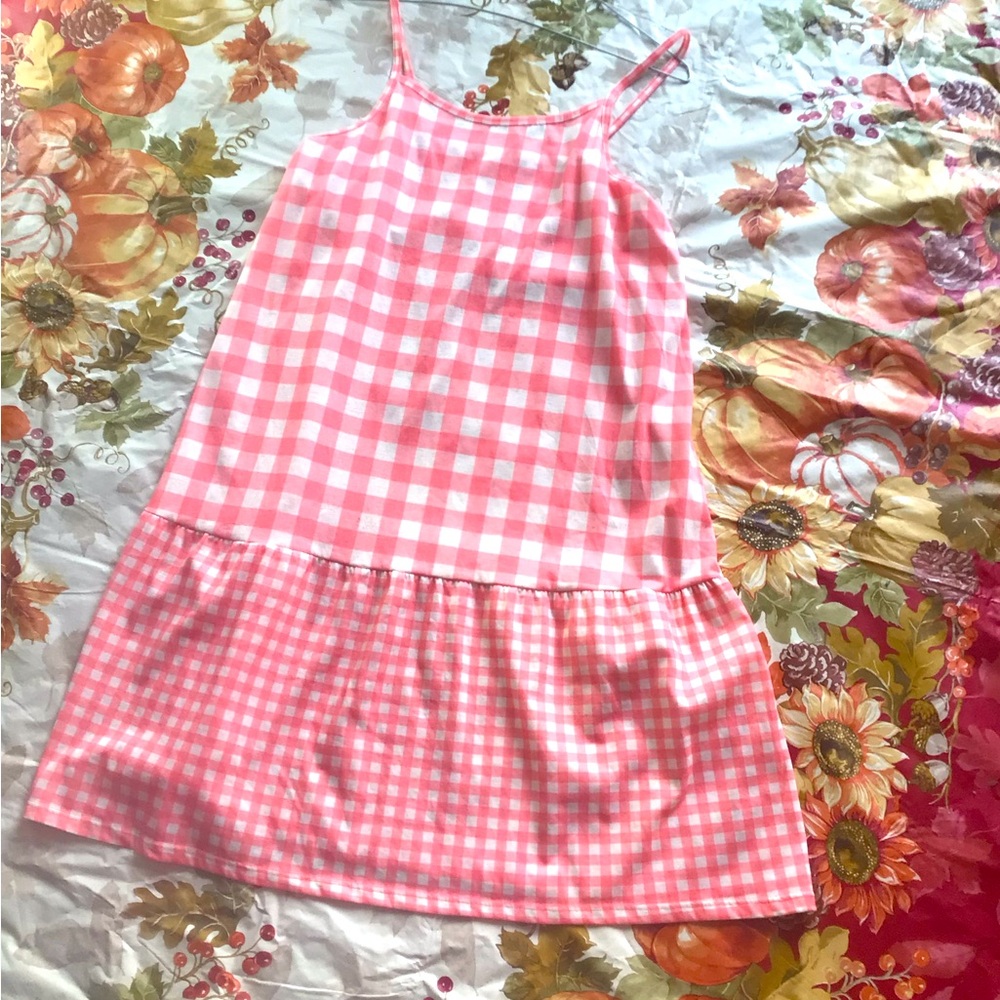 GIRLS XL ORANGE & WHITE CHECKERED LONG COTTON DRESS
